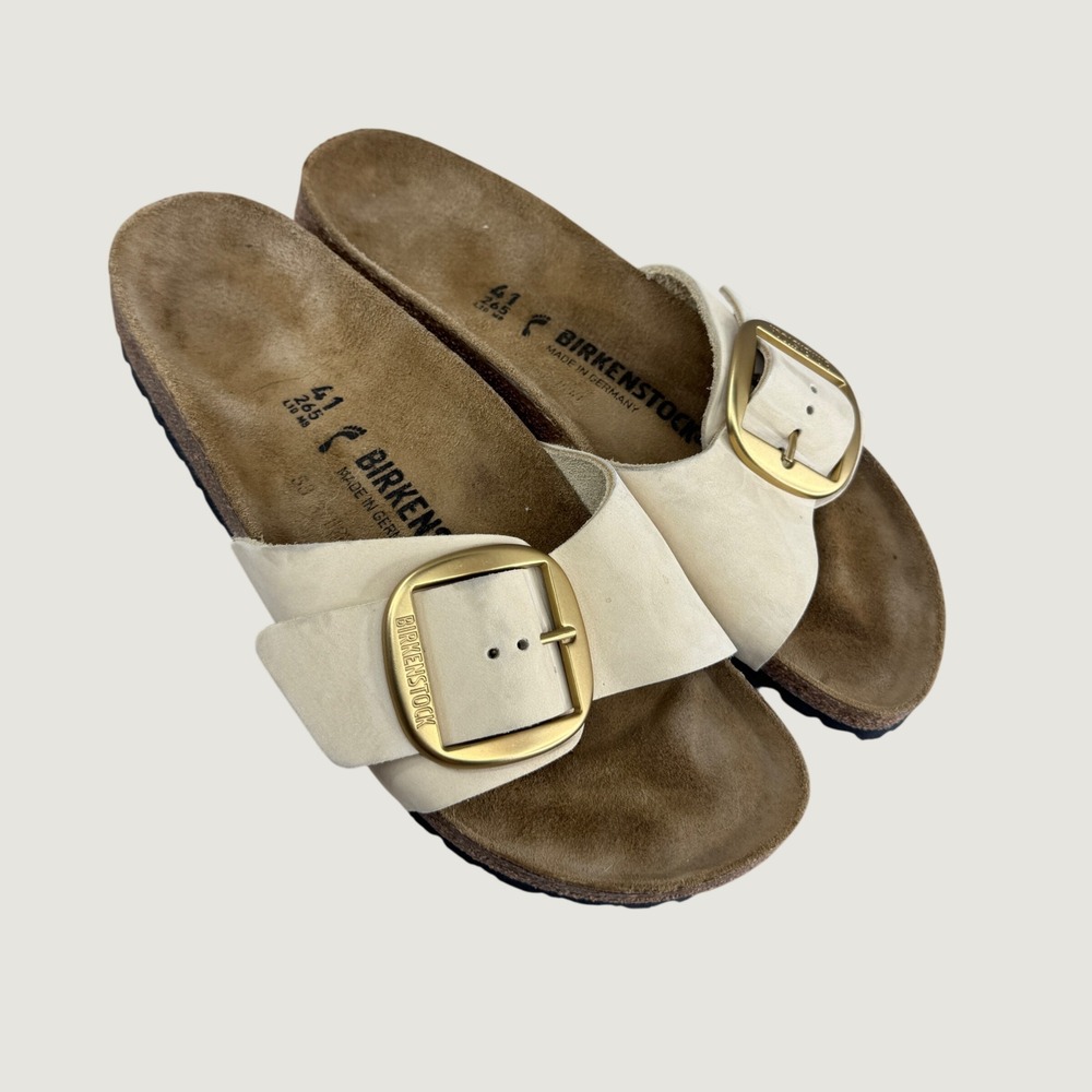Birkenstock Madrid Big Buckle Cream Nubuck Leather Slide Sandals Gold Size 41 10